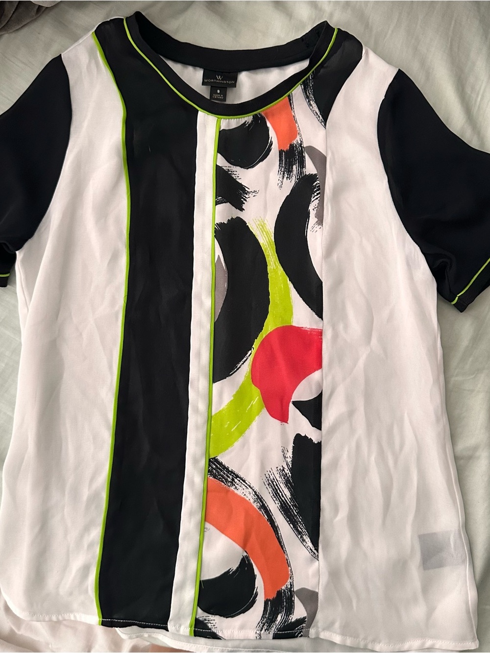 S Worthington Black, White & Neon Abstract Short Sleeve Top
